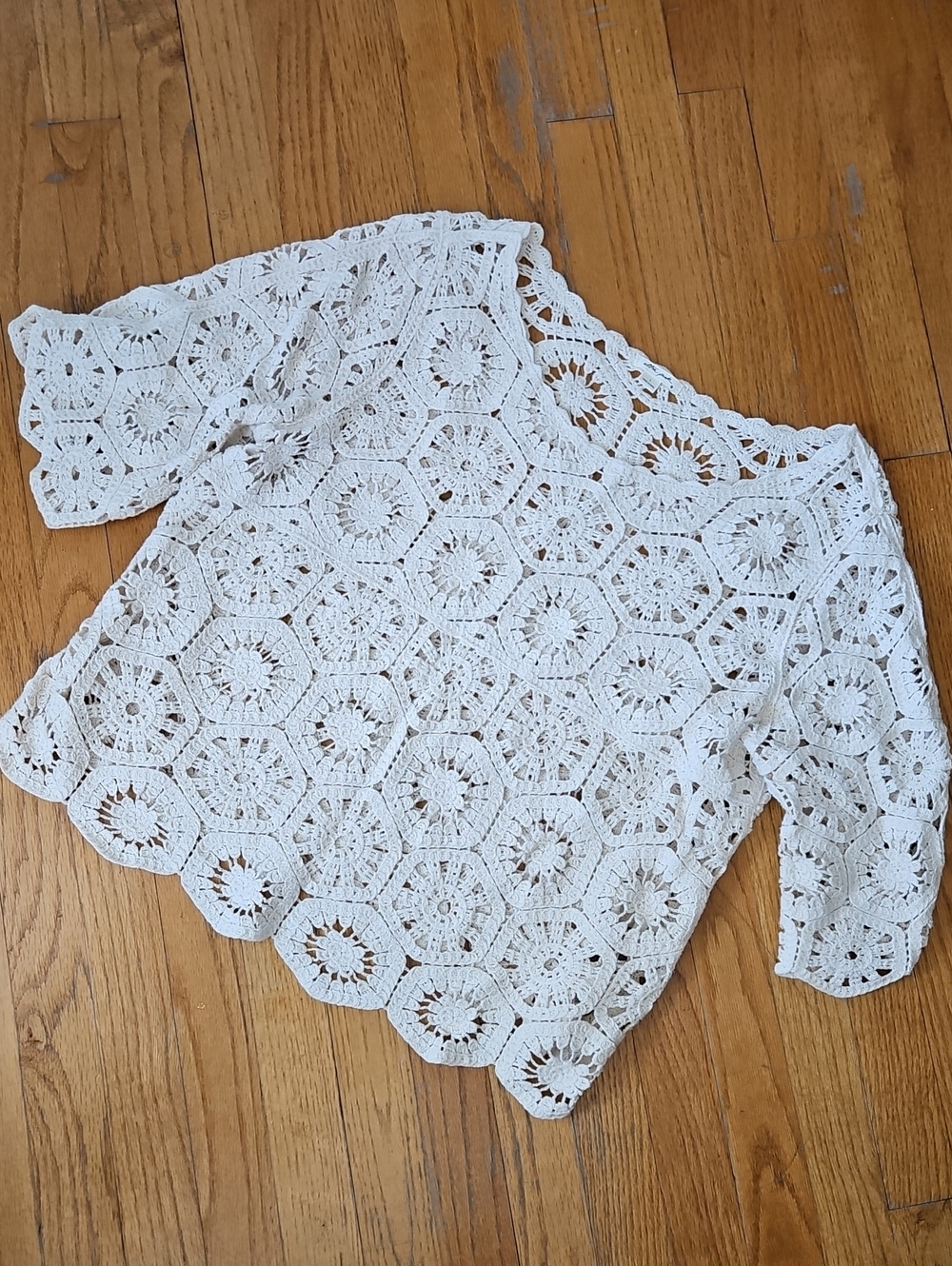 Natural Off White/Cream Crochet Lace Short Sleeve Top L